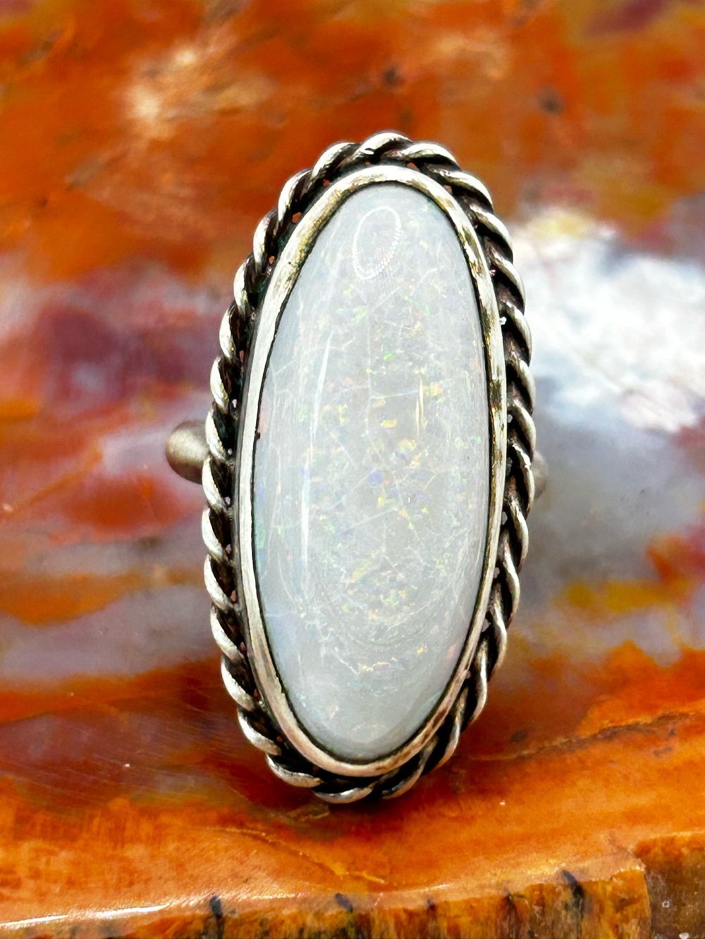 Vintage Sterling Silver Ring with Natural White Opal - Size 6, very large stone